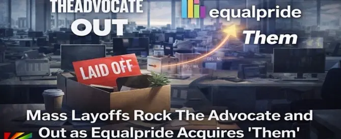 Empty newsroom office scene representing Equalpride layoffs affecting The Advocate and Out following acquisition of Them magazine