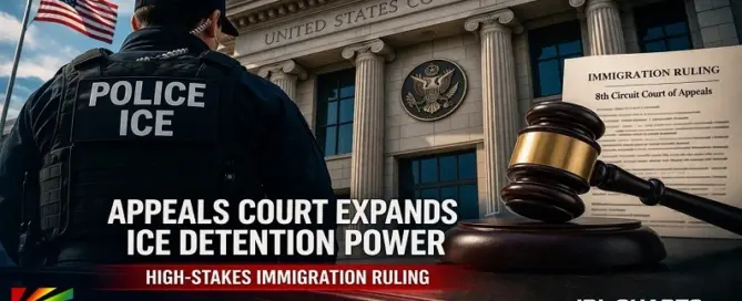 Federal appeals court building with ICE officer and gavel symbolizing expanded immigration detention power ruling