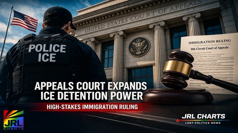 Federal appeals court building with ICE officer and gavel symbolizing expanded immigration detention power ruling