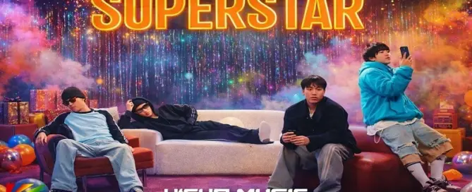 H1GHR MUSIC artists appear in a vibrant scene from the SUPERSTAR official music video teaser for the upcoming PURPLE TAPE compilation project.