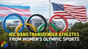 Olympic rings with transgender pride flag and American flag representing IOC ban on transgender athletes from women’s Olympic sports for LA 2028