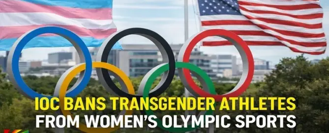 Olympic rings with transgender pride flag and American flag representing IOC ban on transgender athletes from women’s Olympic sports for LA 2028