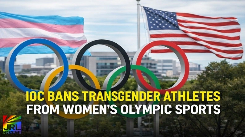 Olympic rings with transgender pride flag and American flag representing IOC ban on transgender athletes from women’s Olympic sports for LA 2028