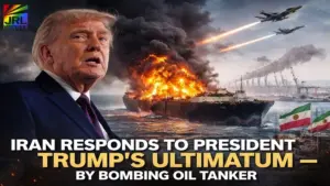 Donald Trump with burning oil tanker and missile strike scene after Iran responds to US ultimatum in 2026