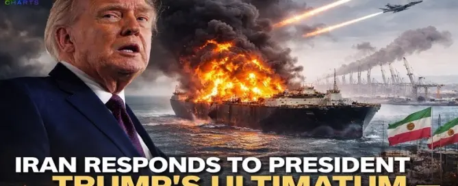 Donald Trump with burning oil tanker and missile strike scene after Iran responds to US ultimatum in 2026