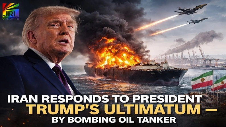 Donald Trump with burning oil tanker and missile strike scene after Iran responds to US ultimatum in 2026
