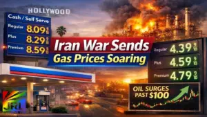 Iran war sends gas prices soaring as Los Angeles stations hit $8 per gallon while Las Vegas fuel prices surge past $4 amid global oil markets rising above $100 per barrel.