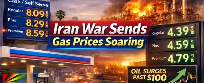 Iran war sends gas prices soaring as Los Angeles stations hit $8 per gallon while Las Vegas fuel prices surge past $4 amid global oil markets rising above $100 per barrel.
