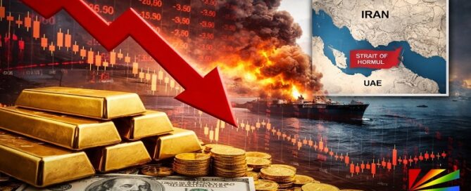 Iran war market crash illustration showing falling stock market charts, gold bars as a safe haven investment and oil tanker explosions near the Strait of Hormuz.