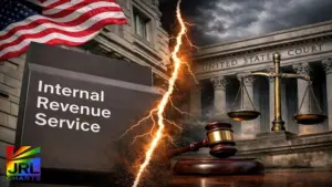 Internal Revenue Service building split by lightning with U.S. courthouse, gavel and scales of justice symbolizing IRS termination of NTEU union contract and federal labor dispute