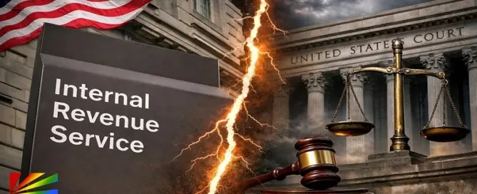 Internal Revenue Service building split by lightning with U.S. courthouse, gavel and scales of justice symbolizing IRS termination of NTEU union contract and federal labor dispute