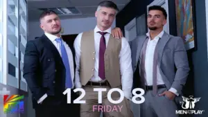 Jay Roberts featured in Men At Play ‘12 to 8’ series finale alongside cast members in a professional office setting
