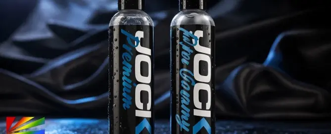 JOCK Premium and Extra Creamy water-based lubricant bottles by XR Brands displayed in a cinematic product shot