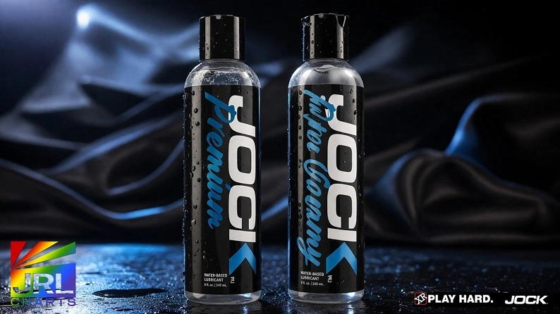 JOCK Premium and Extra Creamy water-based lubricant bottles by XR Brands displayed in a cinematic product shot