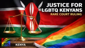 Scales of justice displayed in front of the Kenyan flag and rainbow pride flag representing a Kenya court ruling sentencing attackers of gay men in Nairobi.