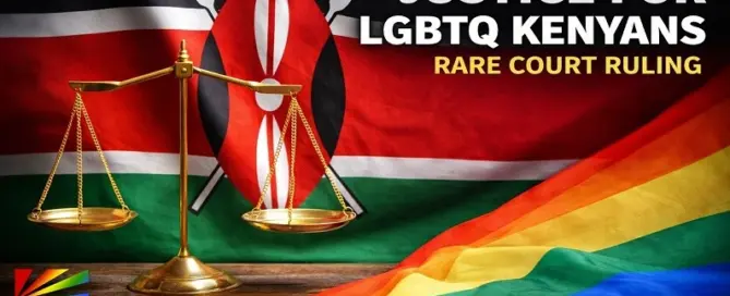Scales of justice displayed in front of the Kenyan flag and rainbow pride flag representing a Kenya court ruling sentencing attackers of gay men in Nairobi.