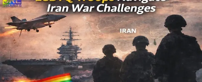 Silhouetted U.S. servicemembers stand before an aircraft carrier and fighter jet with a map of Iran in the background highlighting challenges facing LGBTQ troops during the Iran War.