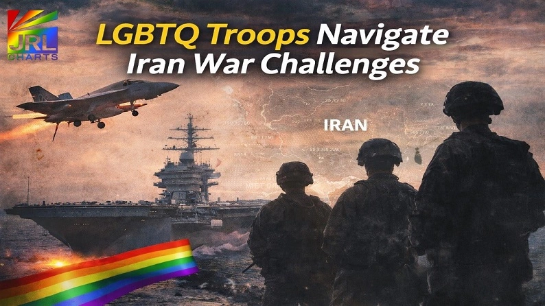 Silhouetted U.S. servicemembers stand before an aircraft carrier and fighter jet with a map of Iran in the background highlighting challenges facing LGBTQ troops during the Iran War.
