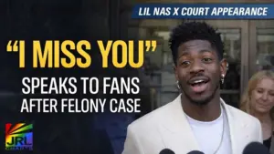Lil Nas X speaking to reporters outside courthouse after appearing in court for felony battery case