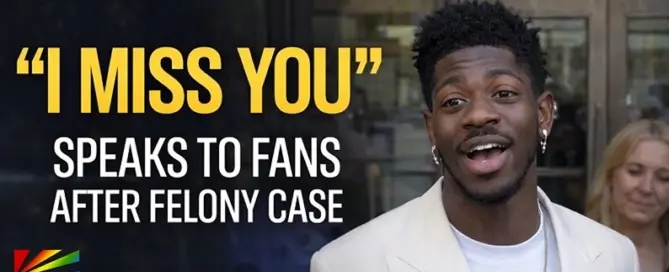 Lil Nas X speaking to reporters outside courthouse after appearing in court for felony battery case