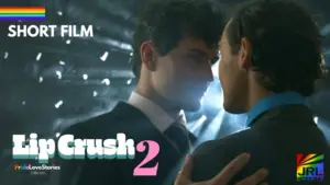 Scene from the LGBTQ short film Lip Crush 2 featuring actors Caleb Lowell and Kiahnoa Saucedo in the Pride Love Stories series.