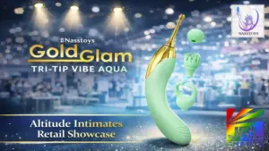 Retail packaging for the Nasstoys Gold Glam Tri-Tip Vibe AQUA featuring interchangeable stimulation tips and 12 vibration functions.