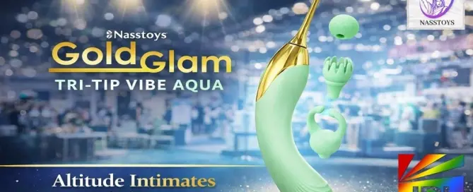 Retail packaging for the Nasstoys Gold Glam Tri-Tip Vibe AQUA featuring interchangeable stimulation tips and 12 vibration functions.