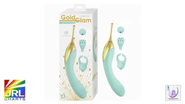 Retail packaging for the Nasstoys Gold Glam Tri-Tip Vibe AQUA featuring interchangeable stimulation tips and 12 vibration functions.