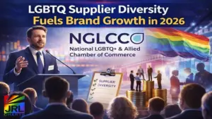 NGLCC logo with business conference scene illustrating LGBTQ supplier diversity and corporate brand growth strategy in 2026.