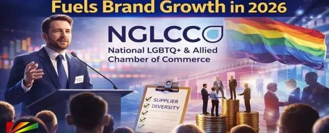 NGLCC logo with business conference scene illustrating LGBTQ supplier diversity and corporate brand growth strategy in 2026.