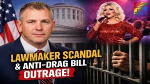 Ohio lawmaker Rodney Creech anti-drag bill controversy with drag performer and prison bars concept image