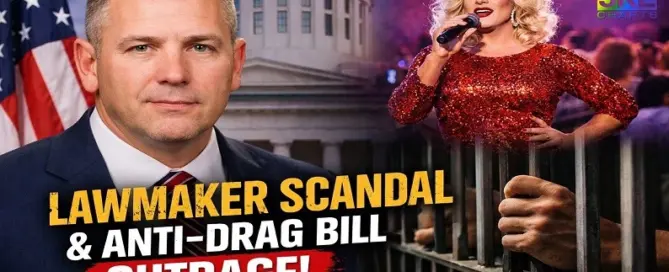 Ohio lawmaker Rodney Creech anti-drag bill controversy with drag performer and prison bars concept image