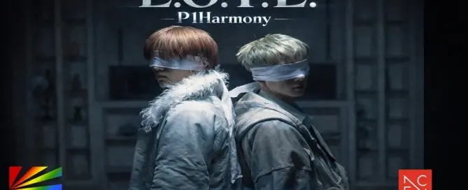 P1Harmony members appear blindfolded in a cinematic scene from the L.O.Y.L. music video, the second single from their latest mini album released by FNC Entertainment.