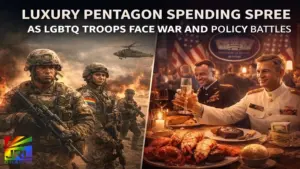U.S. military troops including LGBTQ servicemembers deployed during the Iran War 2026 contrasted with Pentagon officials dining on luxury steak and lobster during controversial defense spending spree.