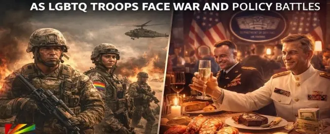 U.S. military troops including LGBTQ servicemembers deployed during the Iran War 2026 contrasted with Pentagon officials dining on luxury steak and lobster during controversial defense spending spree.