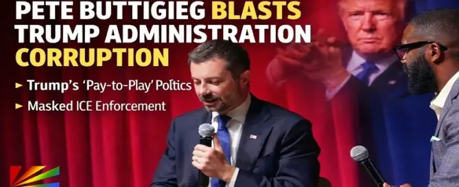 Pete Buttigieg speaking during a community conversation with Birmingham Mayor Randall Woodfin about Trump administration policies and immigration enforcement