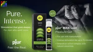 pjur Man Lust stimulating pleasure gel product packaging and bottle displayed in premium 16:9 promotional layout for men’s wellness launch