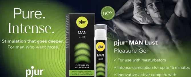 pjur Man Lust stimulating pleasure gel product packaging and bottle displayed in premium 16:9 promotional layout for men’s wellness launch
