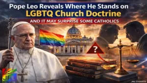 Pope Leo XIV at the Vatican with rainbow flag and Catholic doctrine books symbolizing LGBTQ policy discussions within the Church.