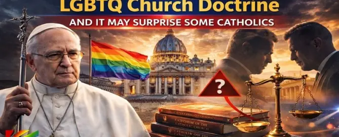 Pope Leo XIV at the Vatican with rainbow flag and Catholic doctrine books symbolizing LGBTQ policy discussions within the Church.