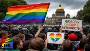 LGBTQ rights protesters hold rainbow flag during demonstration in Russia following court decision banning the Coming Out LGBTQ rights organization.