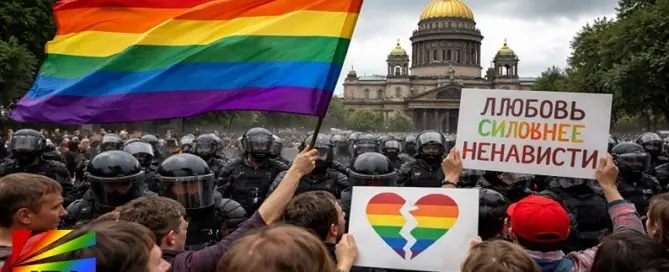 LGBTQ rights protesters hold rainbow flag during demonstration in Russia following court decision banning the Coming Out LGBTQ rights organization.