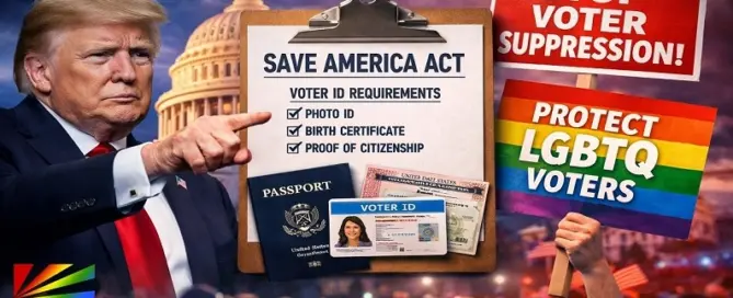SAVE America Act voting legislation debate featuring Donald Trump as critics warn the bill could impact minority and LGBTQ voter access in the United States.
