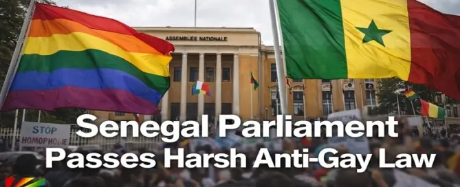Senegal parliament building in Dakar with Senegal and LGBTQ pride flags as lawmakers pass controversial anti-gay law expanding prison sentences for same-sex relationships.