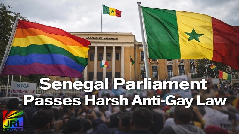Senegal parliament building in Dakar with Senegal and LGBTQ pride flags as lawmakers pass controversial anti-gay law expanding prison sentences for same-sex relationships.