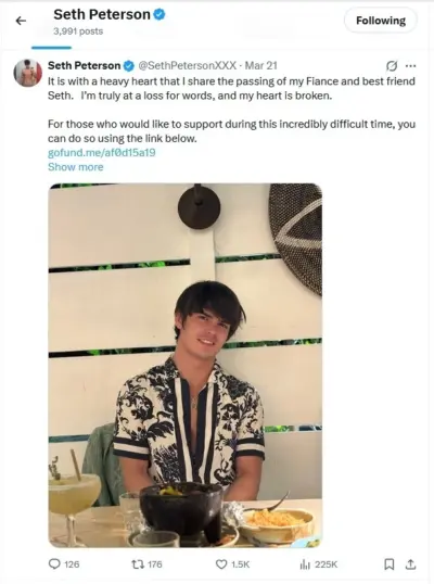 Screenshot of X post announcing Seth Peterson death shared by Cyrus Stark expressing grief and linking to memorial fundraiser