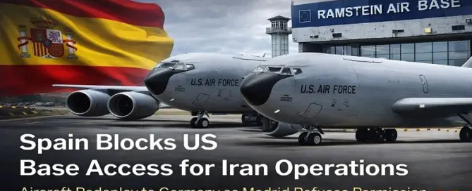 US Air Force refueling aircraft on runway with Spain flag background illustrating Spain denying US base access for Iran-related operations