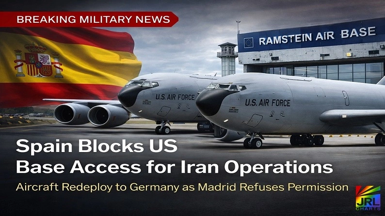 US Air Force refueling aircraft on runway with Spain flag background illustrating Spain denying US base access for Iran-related operations
