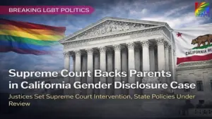 US Supreme Court building exterior with California flag and rainbow flag graphic illustrating court ruling on California gender disclosure policy case