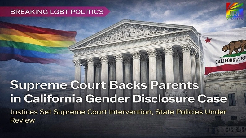 US Supreme Court building exterior with California flag and rainbow flag graphic illustrating court ruling on California gender disclosure policy case